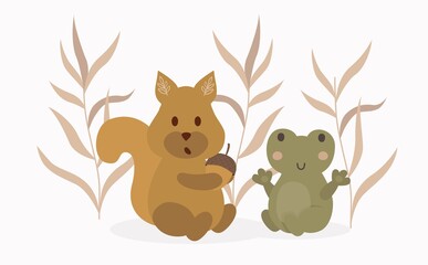 Woodland animals red squirrel and green frog sitteing on forest Glade.