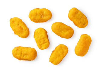 Chicken nuggets on a white background.