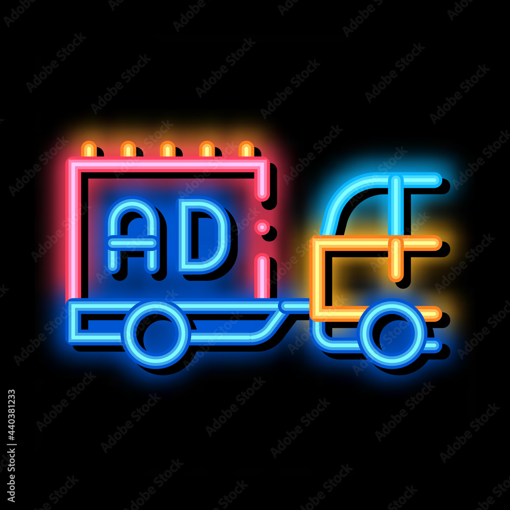 Sticker moving advertisement by car neon light sign vector. Glowing bright icon moving advertisement by car sign. transparent symbol illustration