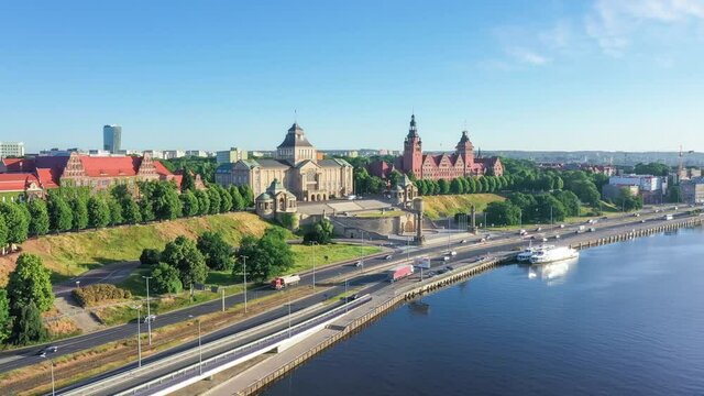 Szczecin, Poland. Aerial view of historic buildings on the left bank of West Oder river

