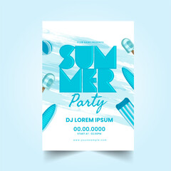 Summer Party Invitation Card With Event Details And Beach Elements.