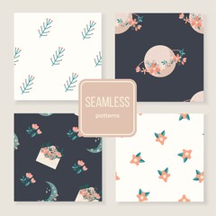 Vintage floral background. Seamless vector pattern for design and fashion prints. Flowers pattern with small white flowers on a gray background. Crescent moon. Floral magic celestial texture.
