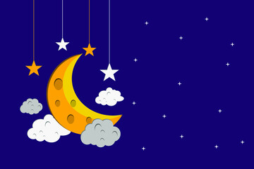 Obraz na płótnie Canvas Flat style illustration moon stars and clouds background design. Good to use for banner, social media template, poster and flyer template, etc.