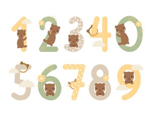 Set of Children numbers from 0 to 10. Monthly Milestone clipart. Bear and clouds. Vector illustration isolated symbols set