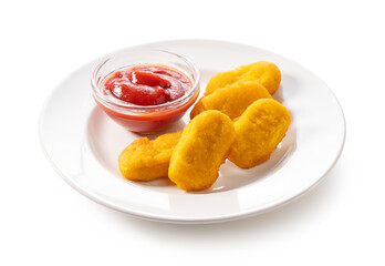 Chicken nuggets and ketchup on a plate placed on a white background.
