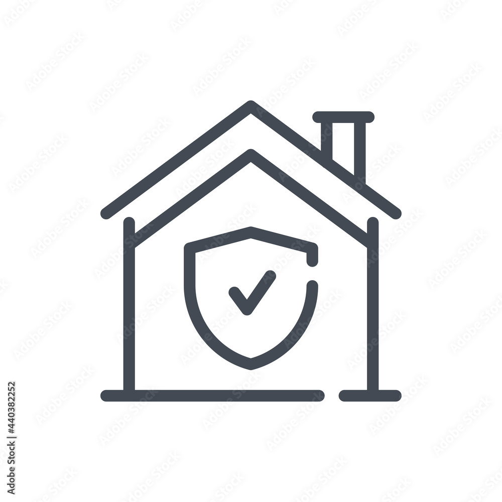 Poster house with shield and check mark line icon. security and smart home protection guard vector outline 