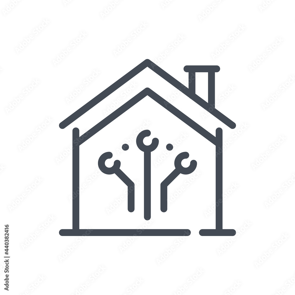 Poster house with connection to system line icon. remote control connection to smart home vector outline si