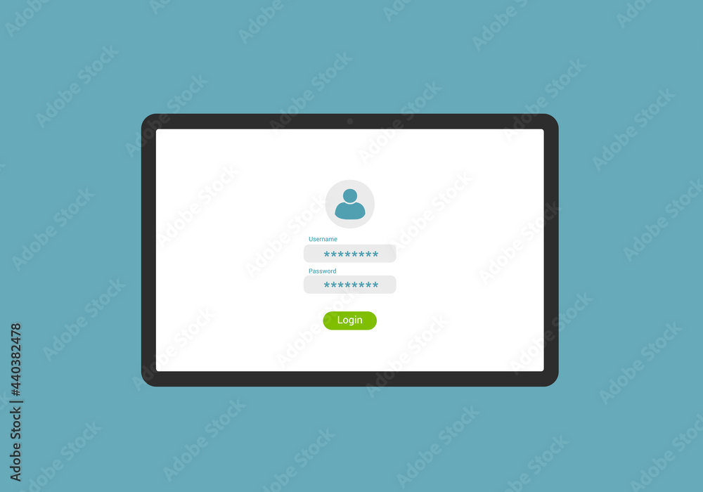 Poster flat design illustration of white touch screen tablet. login form for entering username and password