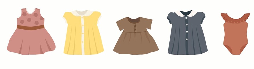 Baby boho clothes, abstract boho clothes, cute minimal wear for children, clothing clipart, vector baby set, abstract elements for Girl Kids. Vintage dresses.
