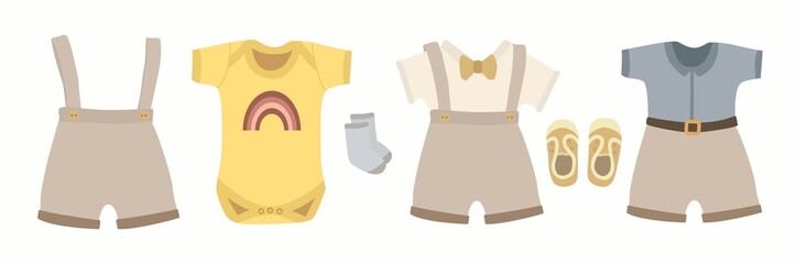 Baby Boy clothes, children, little kids elements. Cartoon characters. Scandinavian. Perfect for nursery room decor, fashion design, boots, trousers, socks, bodysuit