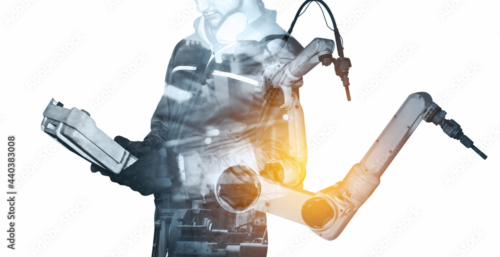 Poster mechanized industry robot arm and factory worker double exposure . concept of robotics technology fo