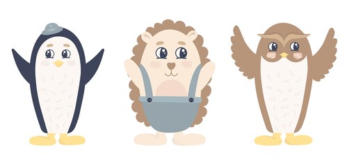 Cute Cartoon Woodland Animals Set and Forest Elements. Colorful adorable vector illustration in flat style. Penguin, owl, hedgehog.