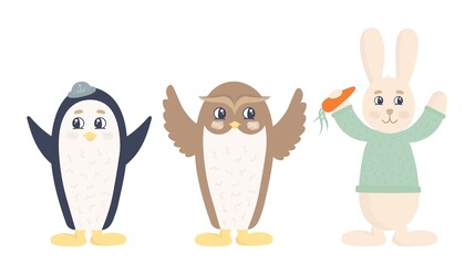 Woodland characters - penguin, owl and bunny. Cute forest animals. Vector illustration.