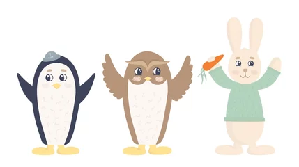 Fotobehang Woodland characters - penguin, owl and bunny. Cute forest animals. Vector illustration. © Alyona Brileva