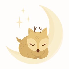 Cute Cartoon Deer is sleeping on the moon. Little baby animal. Vector Stock Illustration isolated on white background