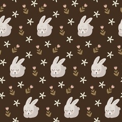 Sleeping bunny with flowers seamless pattern.  Illustration of little rabbit in floral field for textile or wrapping surface. Nursery ornament for baby shower.