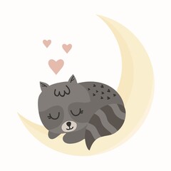 Cute cartoon raccoon sleeping. Lazy raccoon on the moon. Baby animal design. Flat vector illustration isolated on white background.