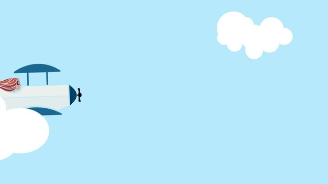 Woman aviator fly on old plane in the sky between the clouds.  Animated illustration, flat cartoon