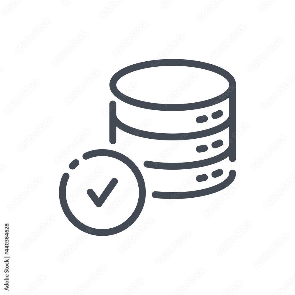 Poster database with check mark line icon. tick and server storage vector outline sign.