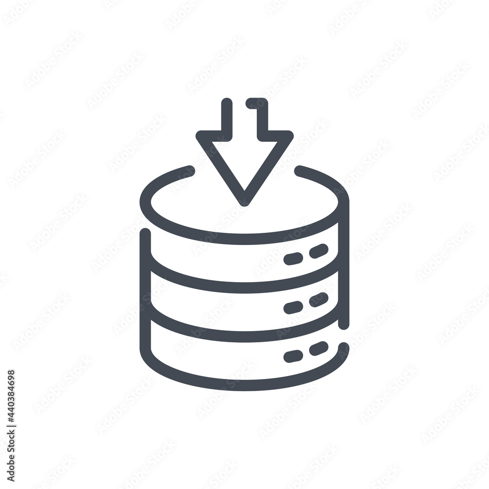 Poster download to database line icon. arrow down and server storage vector outline sign.