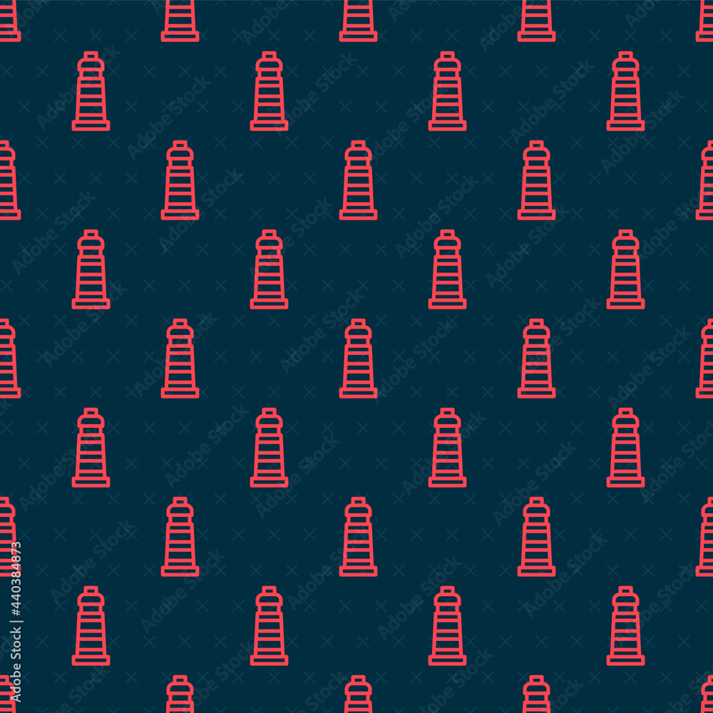 Poster red line lighthouse icon isolated seamless pattern on black background. vector