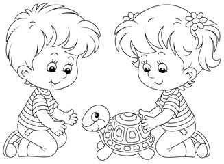 Little girl and boy friendly smiling and playing with their funny small turtle in a nursery school, black and white vector cartoon illustration for a coloring book page