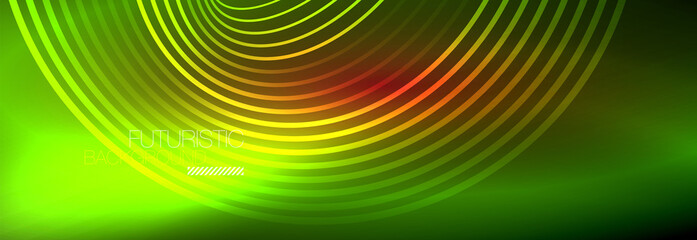 Dark abstract background with glowing neon circles. Trendy layout template for business or technology presentation, internet poster or web brochure cover, wallpaper