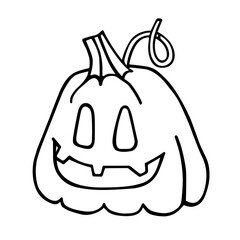 Cute and funny fat pumpkin with a smiling face. Halloween theme, cartoon character. Hand-drawn vector illustration in the doodle style, isolated on a white background. For stickers, greeting cards.