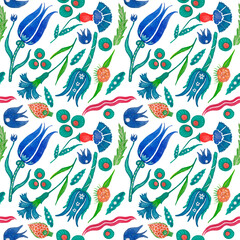 Watercolour Turkish pattern. seamless blank for printed products, fabrics . National elements . Pomegranate, clove, artichoke, tulip . hand-drawn design