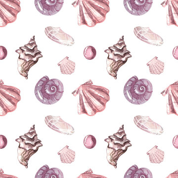 Seamless watercolor print. Pattern on the marine theme. Seashells on a white background. Pebbles, rapa, scallop, snail and other shells. Colored seashells on a white background.