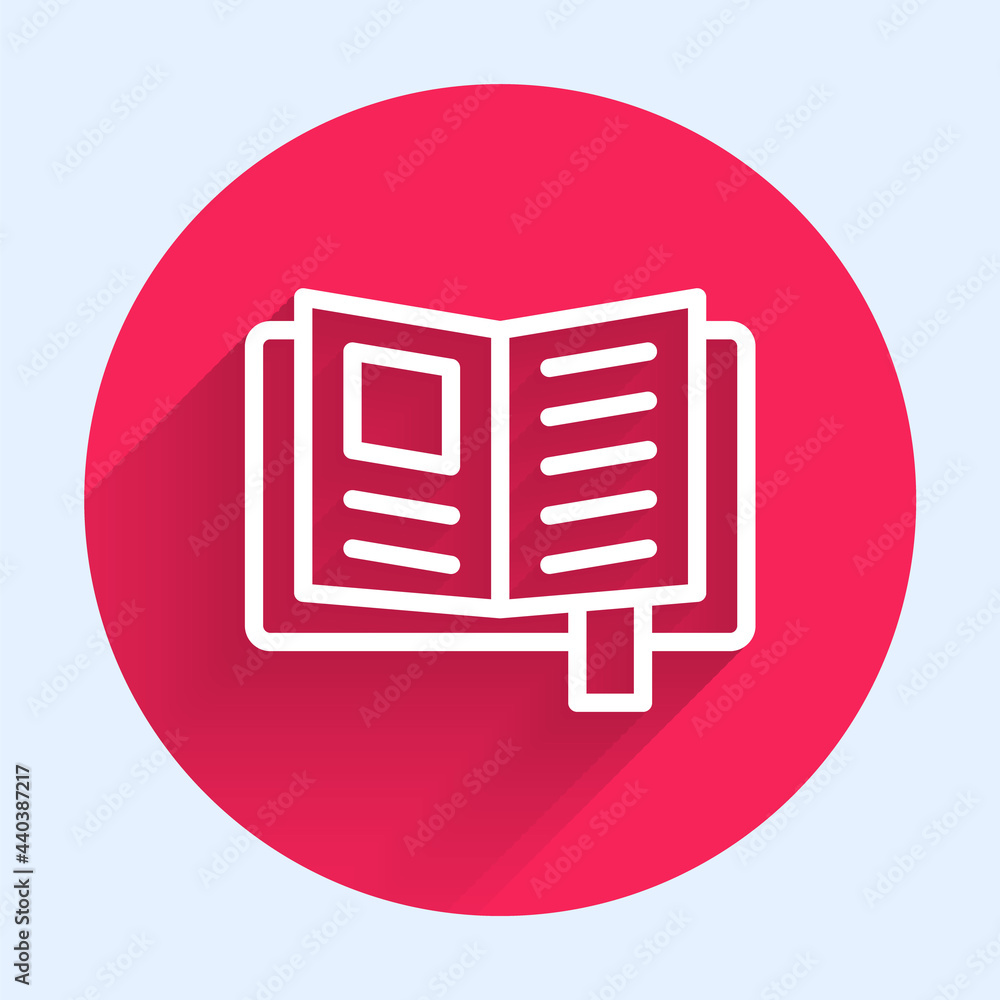 Poster white line reading book icon isolated with long shadow. red circle button. vector
