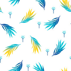 Fototapeta na wymiar seamless pattern of palm leaves, symbols of the sun and sea on a white background. Caribbean and holiday symbols