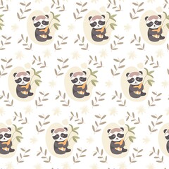 Cute little panda seamless pattern. Sleeping bear with toy star, bamboo and twigs. Boho Baby shower texture
