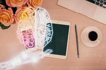 Double exposure of brain drawing over work table desktop. Top view. Global data analysis concept.