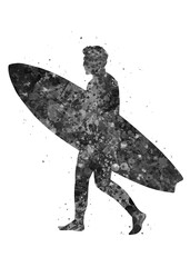 Surfer male black and white watercolor art, abstract sport painting. sport art print, watercolor illustration artistic, greyscale, decoration wall art.