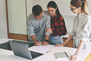 Successful business woman realtor advises clients 