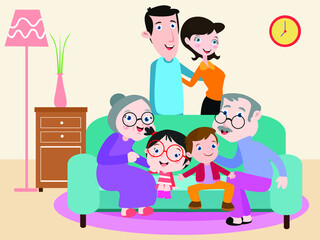 Three generation family vector concept: Three generation family smiling together while posing in the living room at home