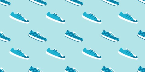 Seamless vector pattern with sneakers on a light blue background.
