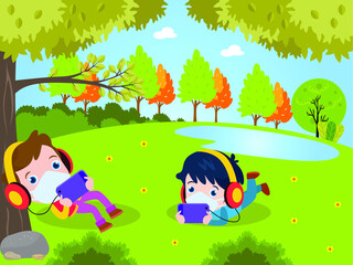 Fototapeta na wymiar Two little boys wearing face mask and headphone while using mobile phone at the park