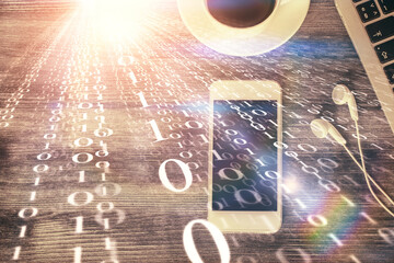 Double exposure of technology theme drawing over work table desktop. Top view. Global data analysis concept.