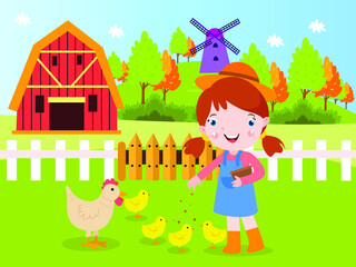 Obraz na płótnie Canvas Animals farm vector concept: Cute little girl feeding chickens at the farm