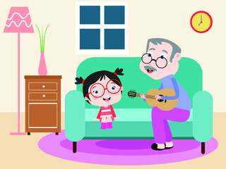 Quality time vector concept: Elderly man playing a guitar with his granddaughter while enjoying leisure time in the living room at home