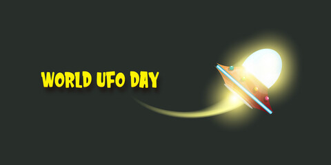 world ufo day horizontal banner with flying with cartoon flying Saucer on black night sky background. Cartoon Flying Saucer with text UFO DAY