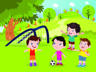 Obraz na płótnie Canvas Bullying vector concept. Group of little children laughing and bullying his friend while playing soccer at the park