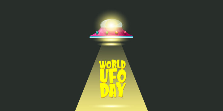 world ufo day horizontal banner with flying with cartoon flying Saucer on black night sky background. Cartoon Flying Saucer with text UFO DAY