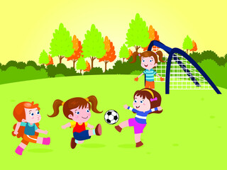 Obraz na płótnie Canvas Childhood vector concept. Group of little girls playing soccer at the park during summer day