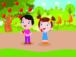 Childhood vector concept. Happy siblings eating red apple from the tree while standing at the park