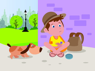 Homeless vector concept. Homeless little boy sitting with a stray dog on the roadside