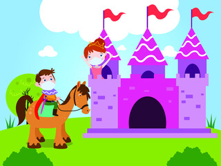 Obraz na płótnie Canvas Fantasy vector concept. Knight wearing face mask while riding a horse and rescuing a princess from castle