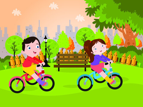 Holiday vector concept. Happy siblings cycling together at the park while enjoying leisure time together